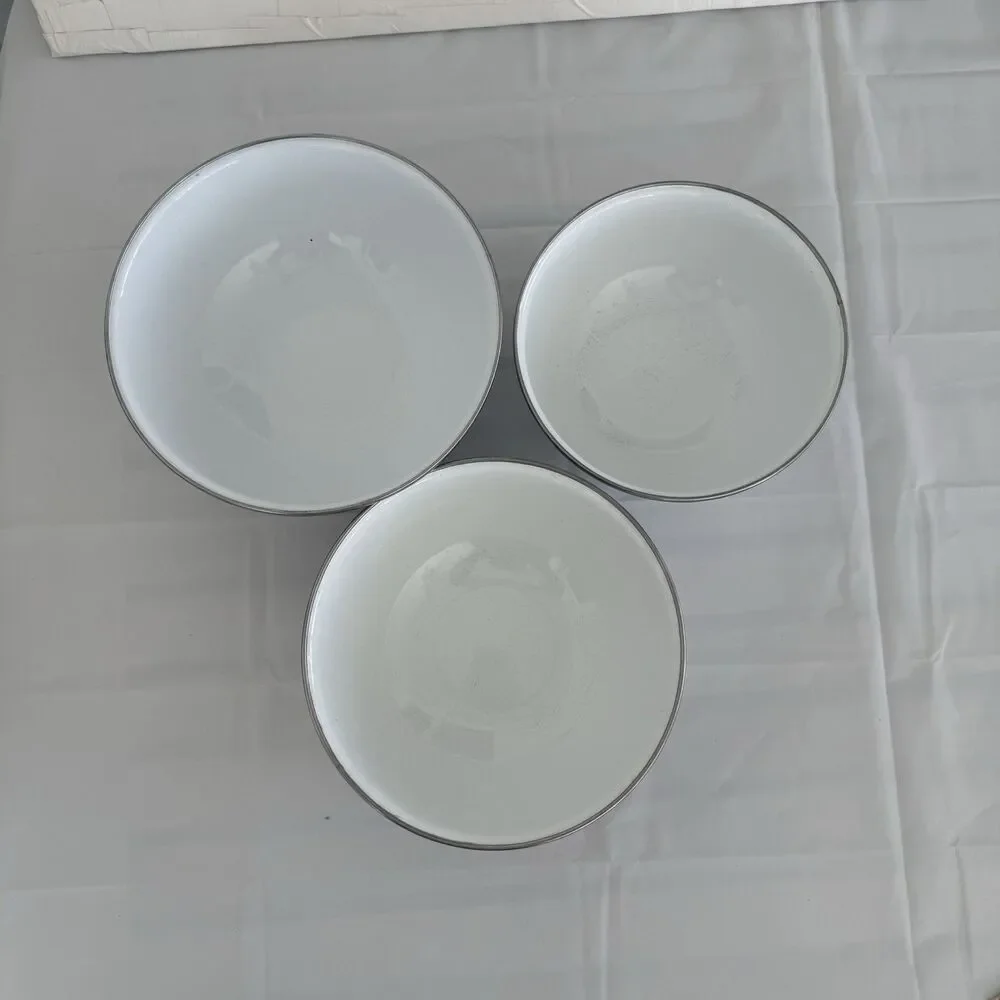 Vtg GMI Enamel Nesting Bowls Floral Iris Metal Mixing Floral White Set of 3